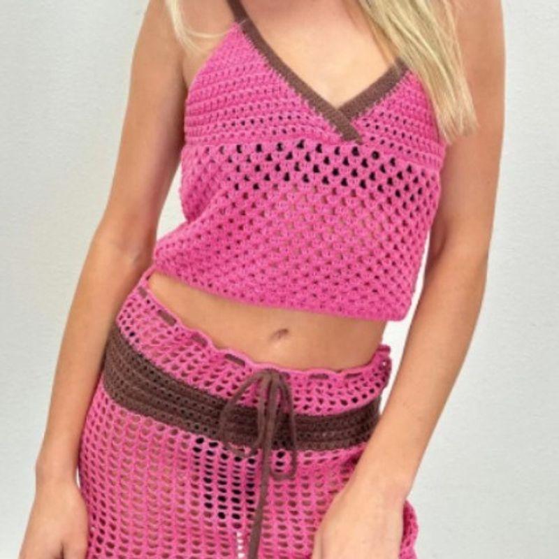 Fashion Summer Knitting Suit 2025 Women's Clothing V Neck Sleeveless Midriff-Baring Vest Sexy See-through Short Skirt Two-piece Set