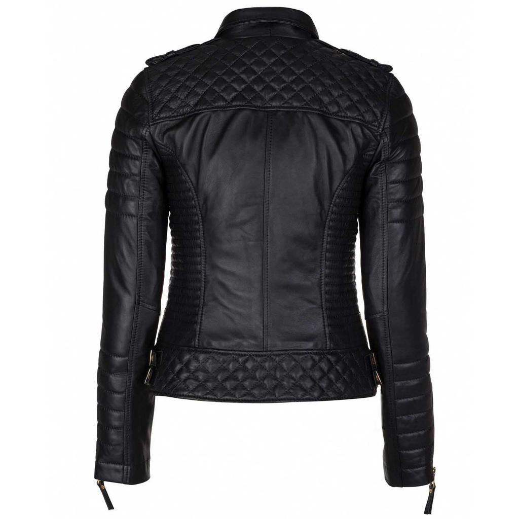 SKINOUTFIT Women's Biker Leather Jacket Genuine Black Lambskin Cafe Racer Motorcycle Outerwear