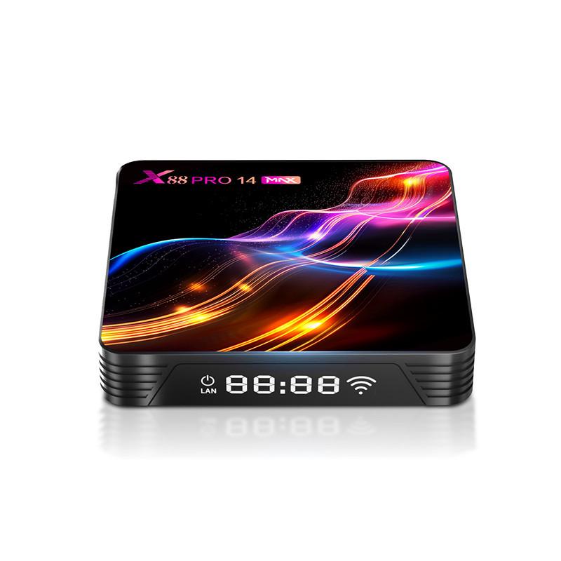 X88 Pro 14 Max Android TV Box: Android 13, RK3528, 4GB RAM, 32GB Storage, Dual Wi-Fi, Bluetooth.