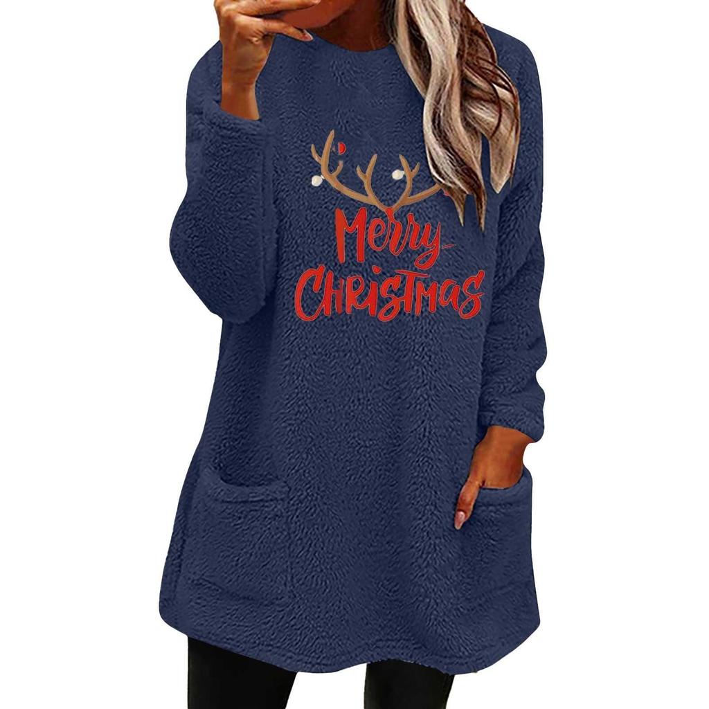 European and American Women’s Christmas Deer Print Casual Long Sleeve Pocket Hoodie