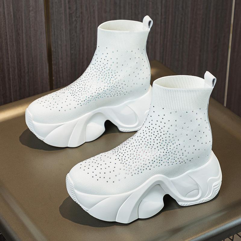 Moda Nuevo 8CM Botines de Punto Elástico Calcetín de Tela Plataforma Cuña Tobillo Slip on Primavera Otoño Moda Mujer Zapatos Bling de Pedrería