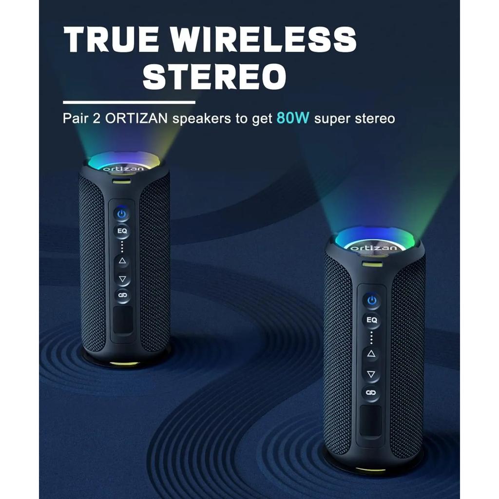40W Loud Stereo Portable Wireless Bluetooth Speaker, IPX7 Waterproof Shower Speakers, Deep Bass, LED Light, Microphone, True Wireless Stereo