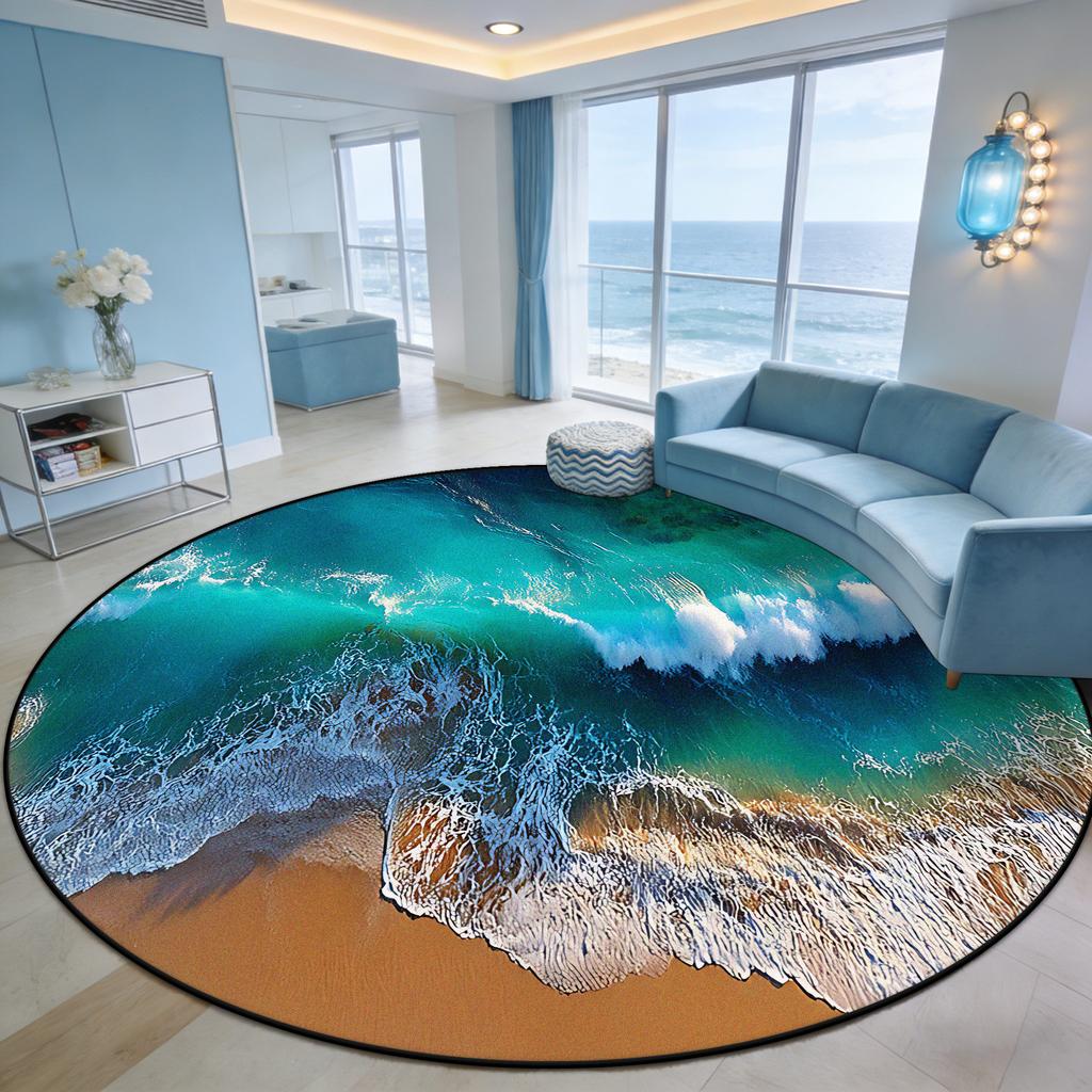 Immersive Wave Beach Round Carpet for Living Room Decoration Terrace Courtyard Antiskid Rug Easy Clean Fluffy Mat for Children