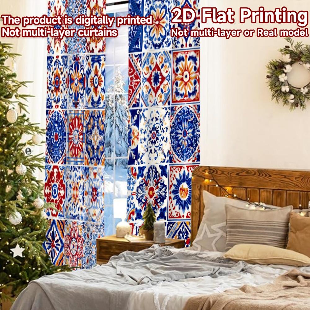 2 Stück 2D-Flachdruck-Vorhänge (Ohne Stange) Bunte Fliesen(1) Festival Kreative Vorhänge Stoffvorhänge Dekorationen Außen