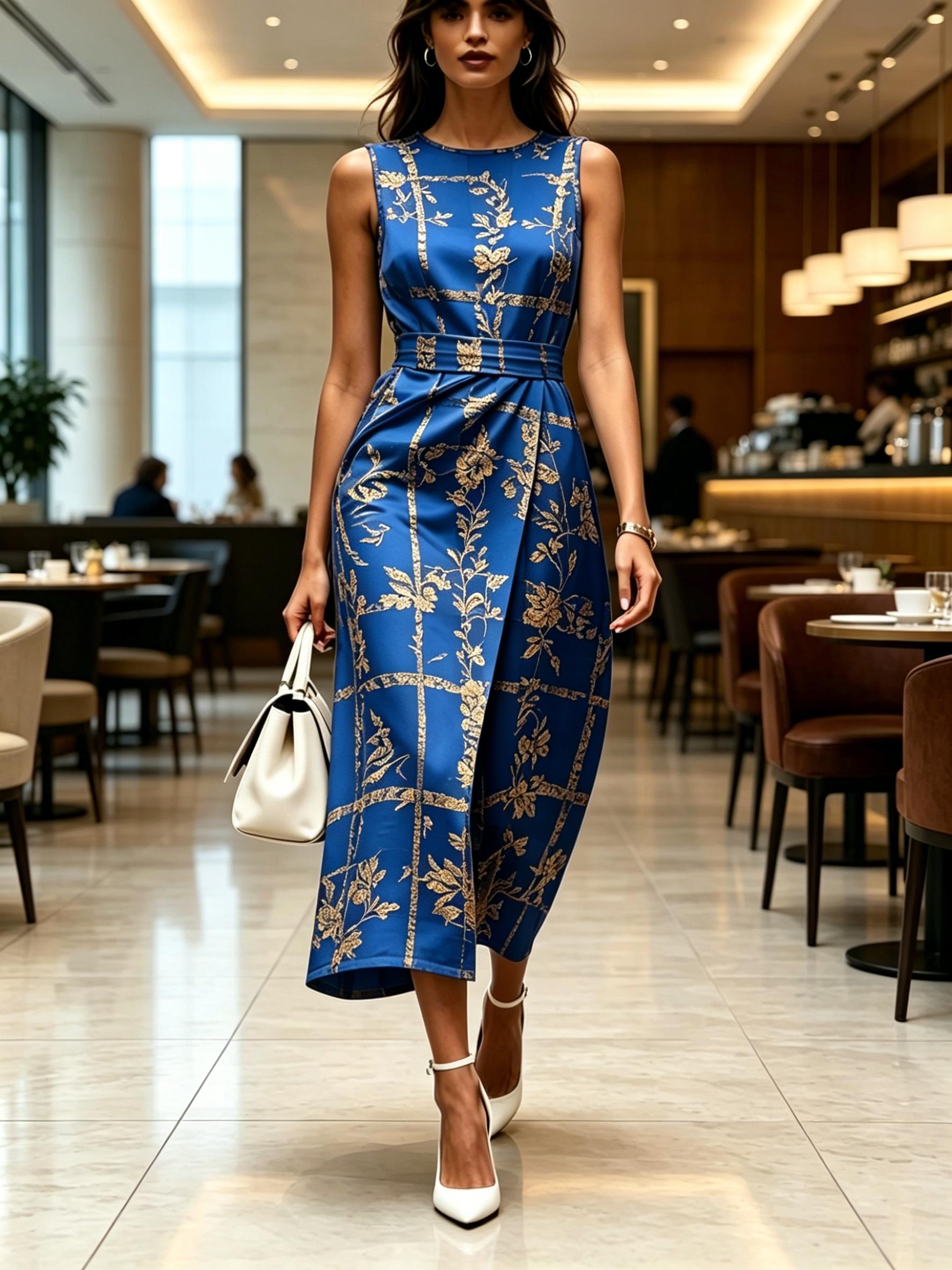 

Women Round Neck Sleeveless Midi Dress Blue with Gold Floral and Plaid Print Modern Elegant Casual Fashion Spring Summer Autumn Womens Clothing XXL