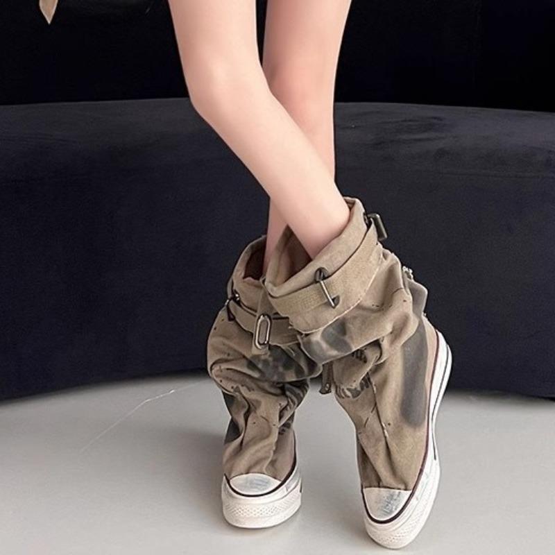 Niche Women's Shoes Pointed-toe Anti-slip Height-increasing Canvas Boots New Style Dui Dui Mid-calf Boots
