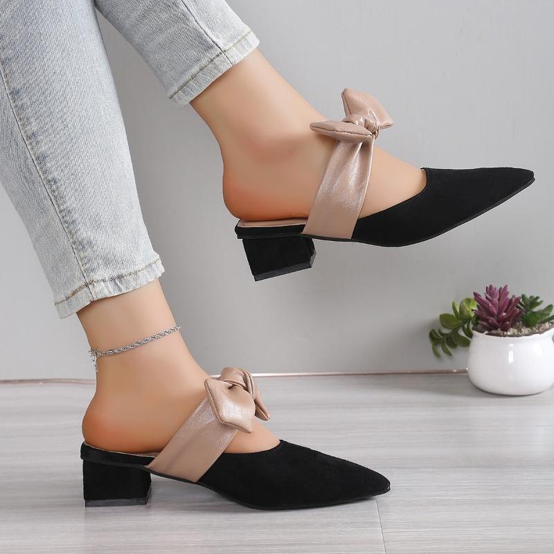 Fashion Medium Heel Slippers Summer New Pointed Head Shallow Mouth Suede Butterfly Knot Anti-slip Wear-resistant Square Heel Shoes