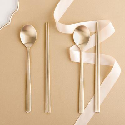 Obuja Bangjja Yugi Brass Spoon Cutlery Set for 2, Copper Color, 2p Spoons + 2p Chopsticks, Korean Popular Tableware