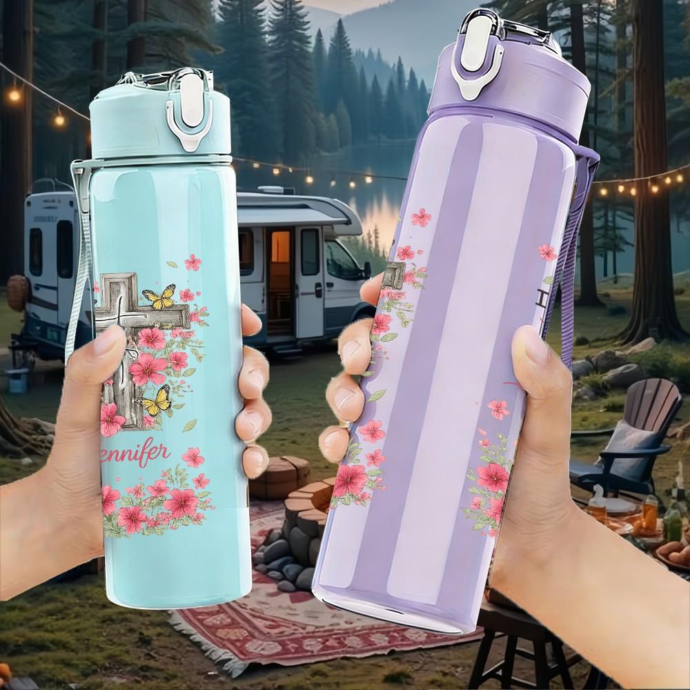 1PC Two Piece Floral Religious Text Print 750ml Color Plastic Sports Water Bottle Leakproof Flip Straw Lid Suitable for Sports Office Home Use