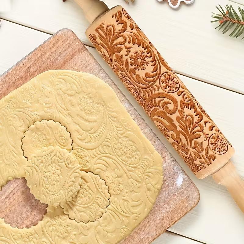 1-5PCS Natural Wooden Rolling Pin with Floral LeafEngraving SmoothSurface Non-Slip Handle for ChristmasCookie Cutter Baking Tool