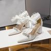 Fashion Chunky Heel Pointed Toe Hollow Out Rhinestone Bow Strap Wedding Bridal Party Shoes