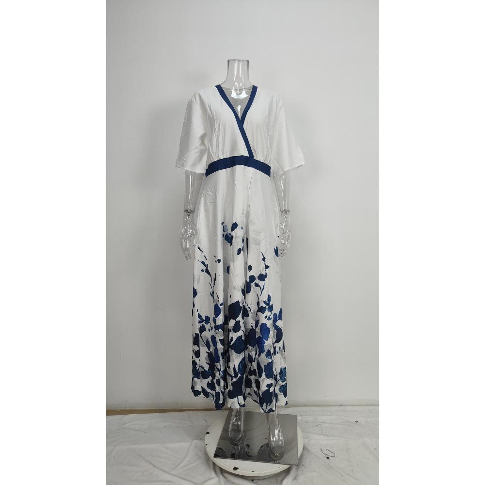 European and American Fashion Floral Print Elegant V Neck Tie Waist Maxi Dress Women