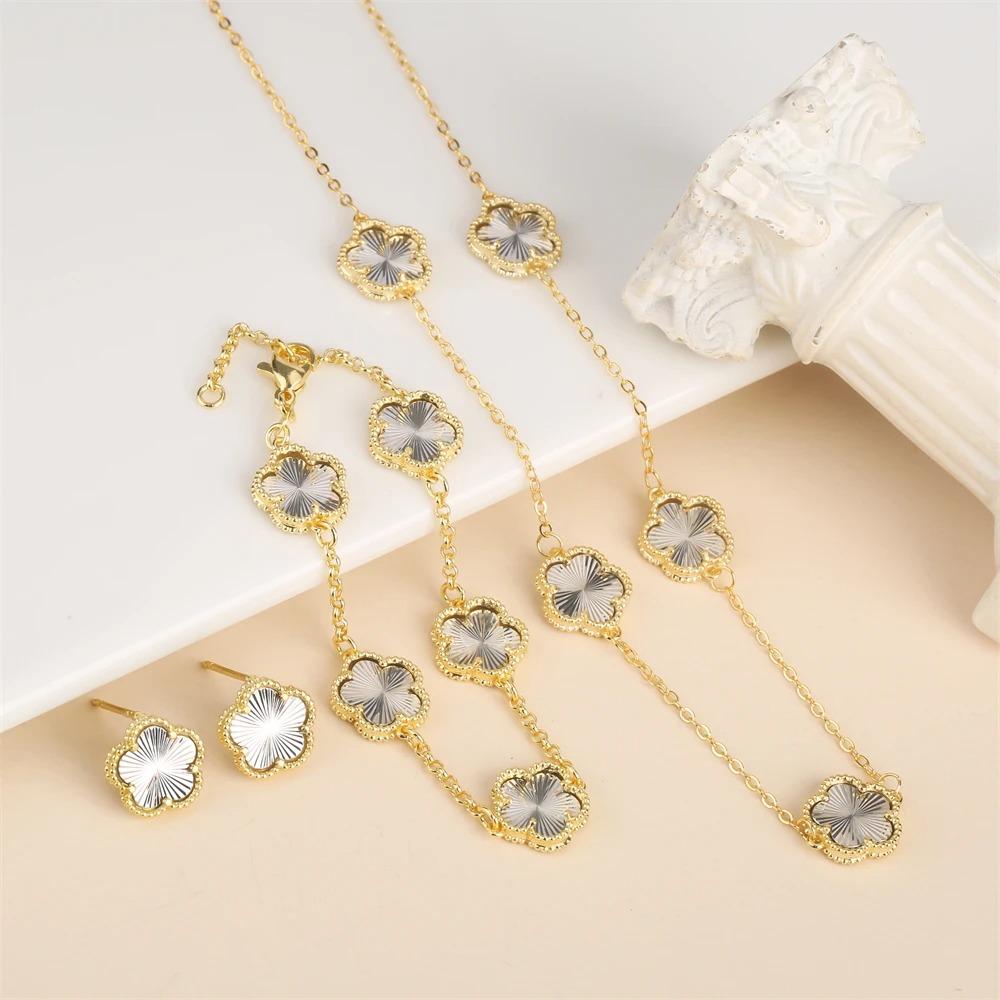 2024 Hot Sale 10 Colors Five-Leaf Flower Set Bracelet Necklace Classic Simple Women Zircon Set Suitable For Daily Party Wear