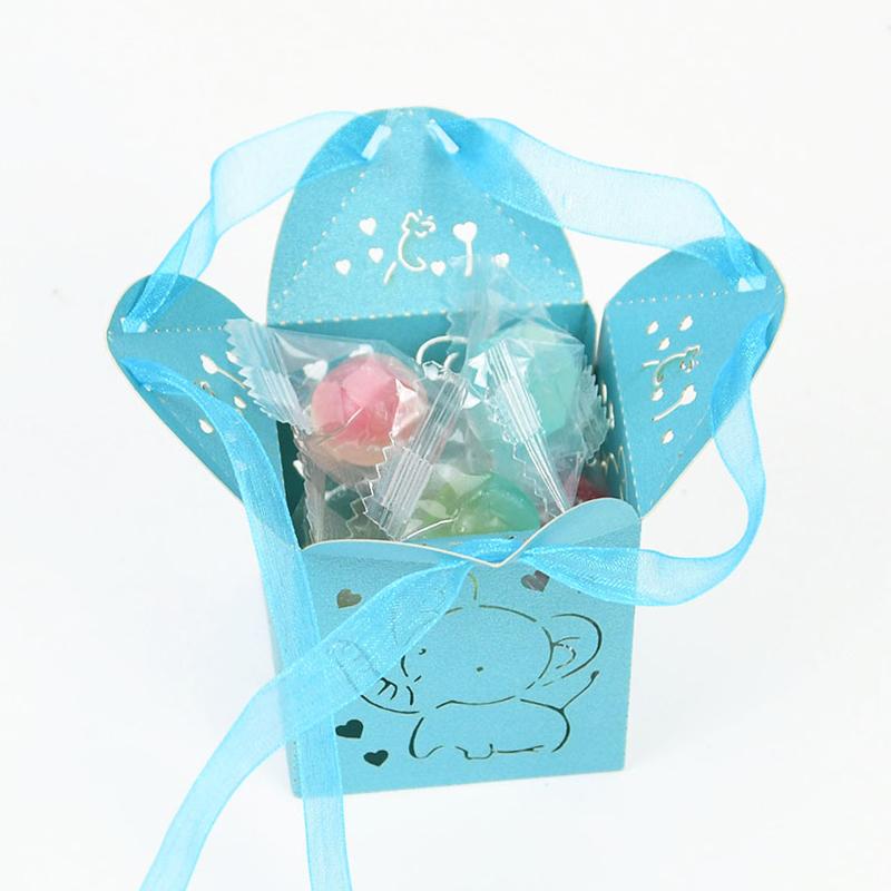 10/50pcs Baby Blue Elephant Candy Gift Box Hollow Paper Chocolate Treat Box Boy Girl Baby Shower Supplies Birthday Party Decor