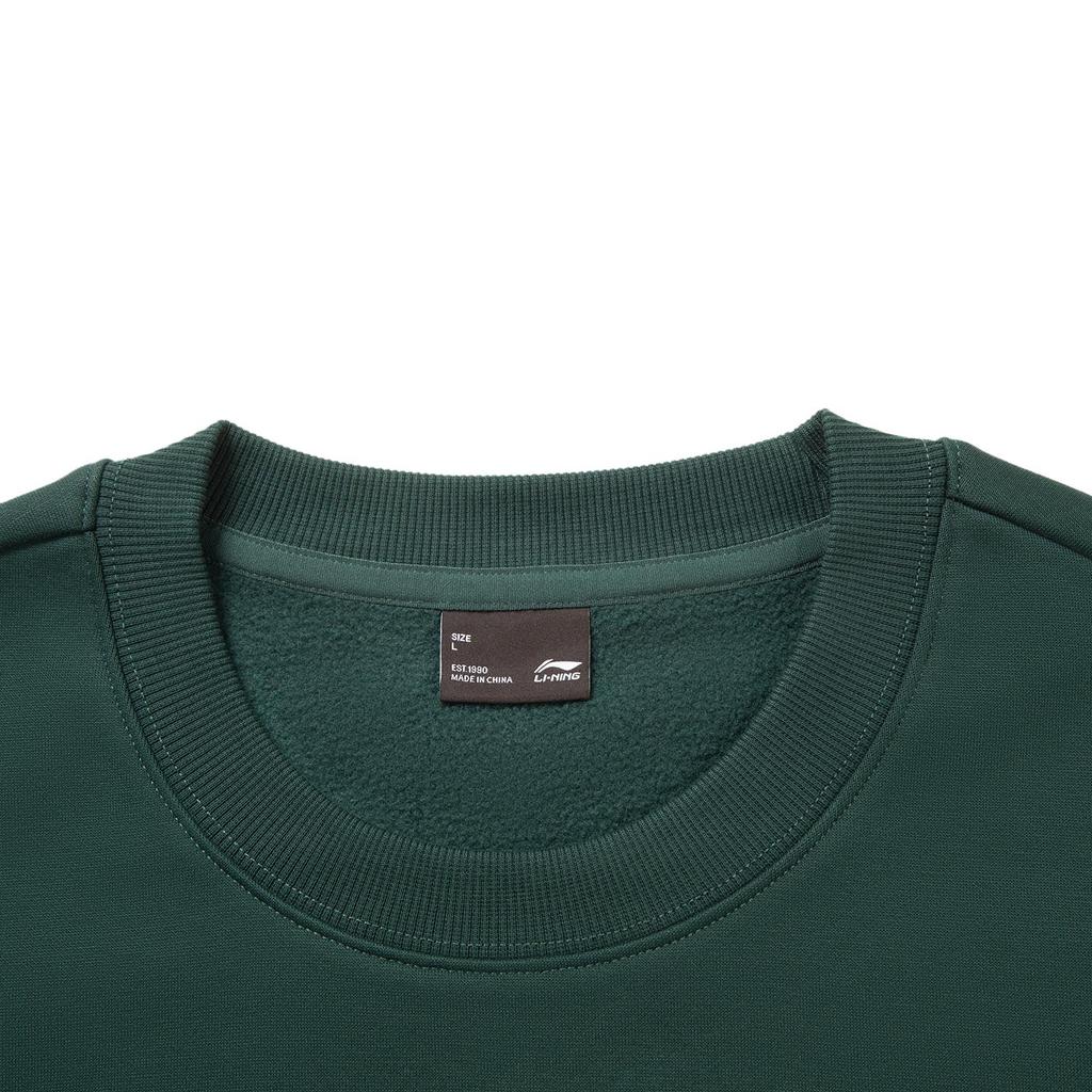 Li Ning Sports Lifestyle Series Fleece Warm Round Neck Letter Loose Sweatshirt Unisex Sweatshirt Forest-Green AWDVC63-1
