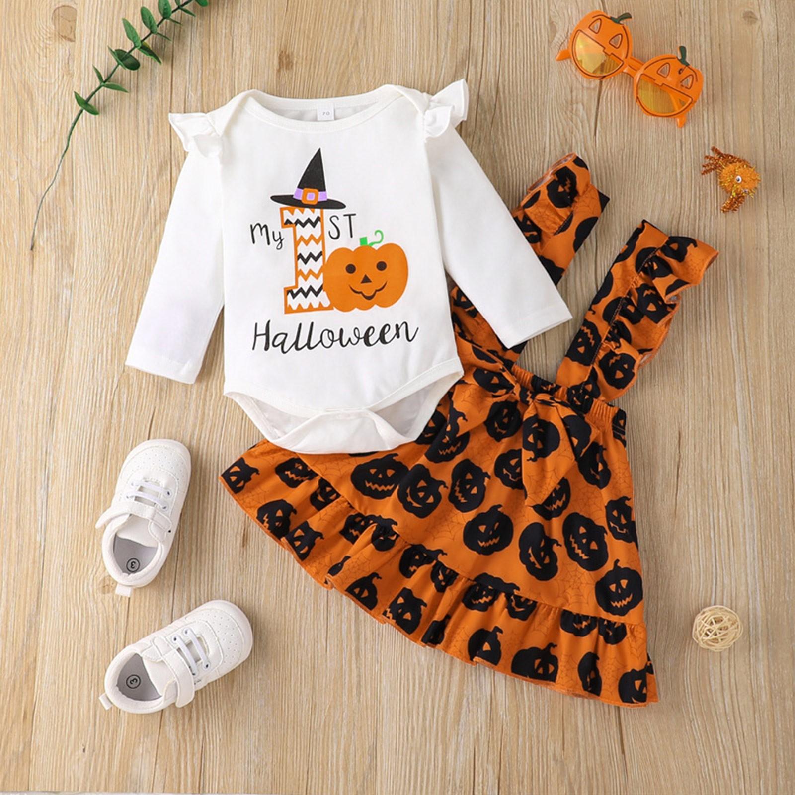 

Halloween Children s Long Sleeve Letter Romper + Skirt Set