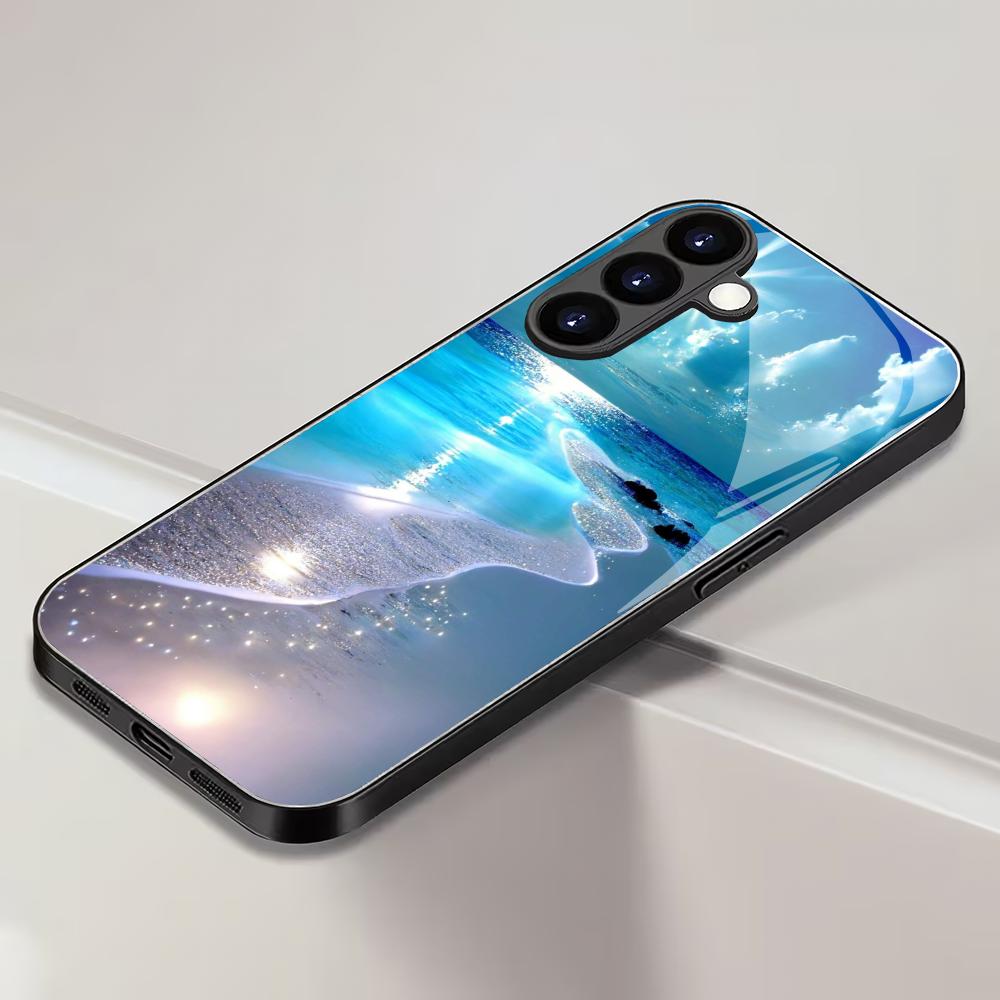 Fluorescenční plážový tvrzený skleněný kryt na telefon vhodný pro Samsung Galaxy S26 S25 S24 S23 S22 S20 FE/Ultra/Plus odolný proti poškrábání