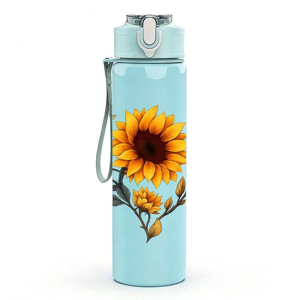 1PC Yellow Sunflower Art Print 750ml Color Plastic Sports Water Bottle Leakproof Flip Straw Lid Suitable for Sports Office Home Use
