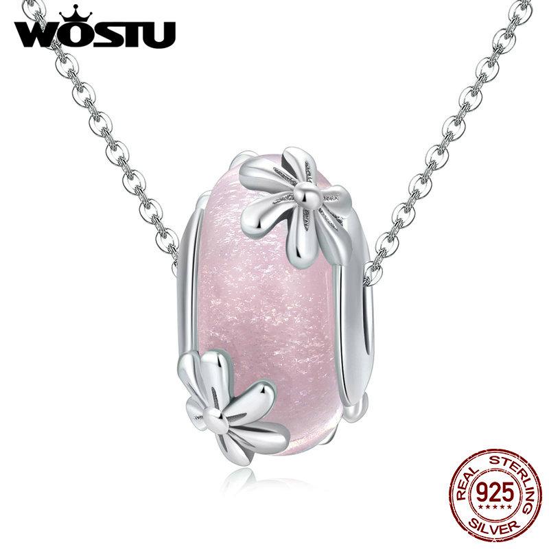 WOSTU 925 Silver Transparent Pink Glass Butterfly Charm Insect Flower Murano Beads Bracelet & Bangle Jewelry Gift