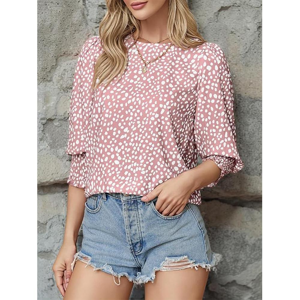 3/4 Sleeve Length Womens Tops Crewneck Loose Fit Polka Dot Blouses Dressy Casual Chiffon Shirts