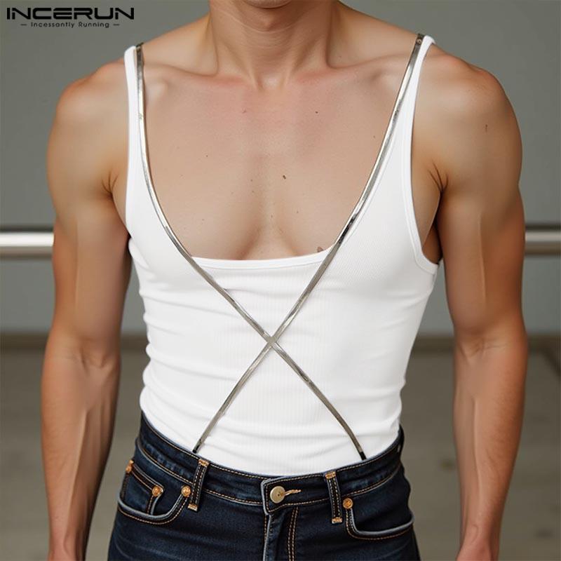 INCERUN Men Summer Strap Sleeveless Cross Patchwork Casual Fitted Tank Tops