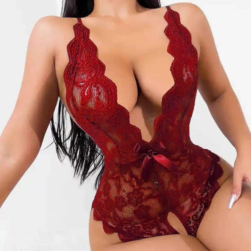 Hot Sex Se Gjennom Sexy Undertøy Dame Åpent Skritt Pyjamas Porno Hollow Out Deep V Skrittløst Undertøy Erotiske kostymer