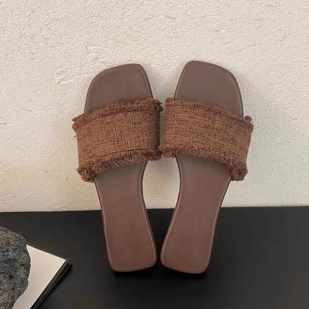 

Летняя верхняя одежда, джинсовые тапочки, тканые джинсы, пляжная обувь на плоской подошве, размеры 35–42, сандалии и тапочки для женщин 37 кофейный