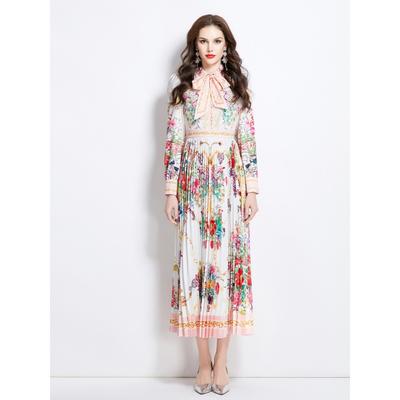 Frühling Herbst Damen Vintage Designer Kettenprint Blume Laufsteg Plissee Kleider Umlegekragen Lang Maxi Party Hemdkleid