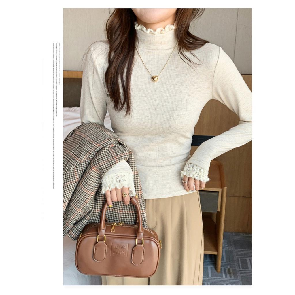Lace Patchwork Half High Neck Base Sweater for Women, Autumn and Winter Thread Slim Fit Sweater, Lace Knit Sweater, Inner Top