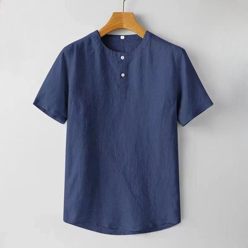 Chinese Style Men's Linen Short-sleeved Shirt Men's Summer Thin Casual Retro Cotton and Linen Pullover Stand-up Collar Shirt