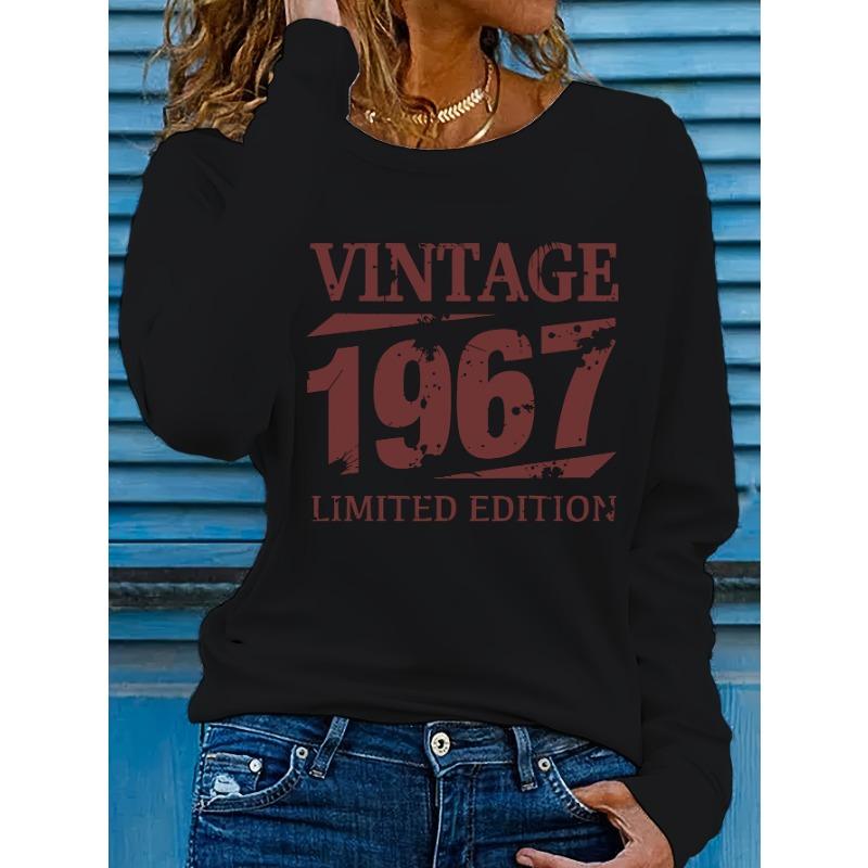 Women's Spring and Autumn Fashion Casual VINTAGE 1967 Letter Printed Round Neck Long Sleeve T-shirt Top