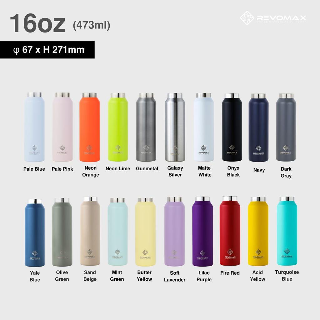 [REVOMAX Official] 16oz 473ml Carbonated Stainless Steel Bottle, Cap Sold Separately, Keeps Hot Drinks Hot for 18 Hours, Cold for 36 Hours, Vacuum