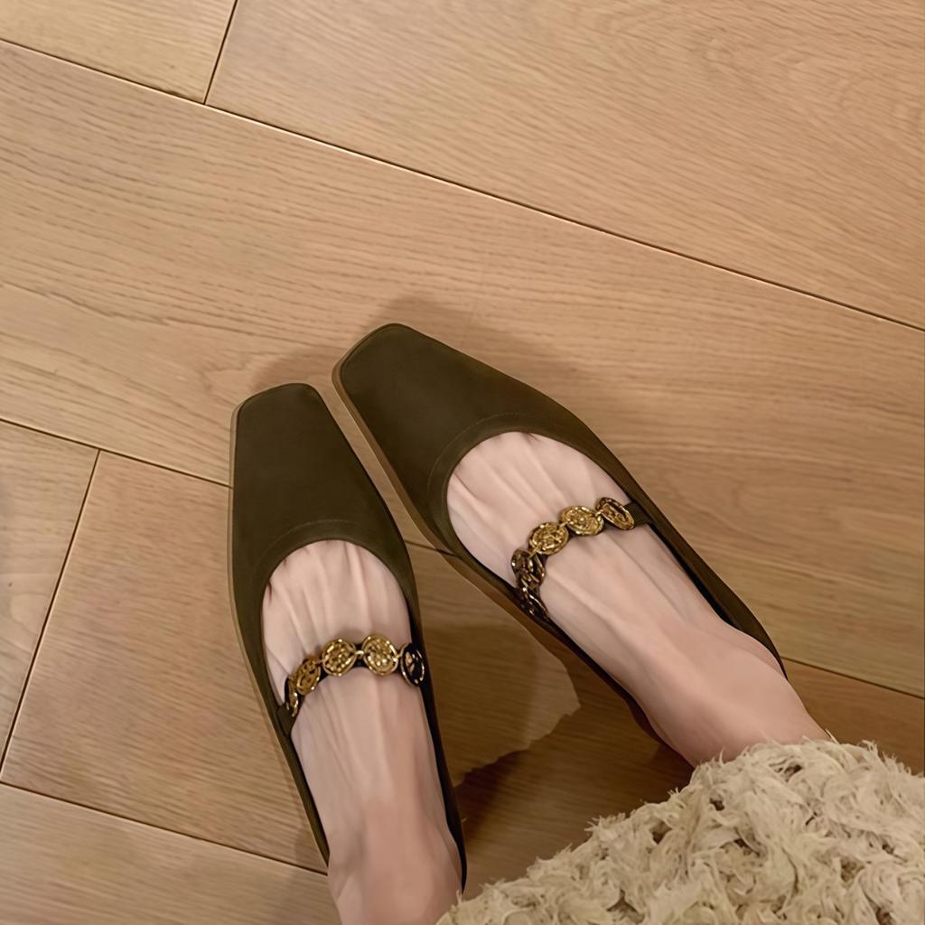 Sheepskin version of the same Jiangnan girl square head small gold coin flat bottom Mary Jane single shoes women's multi-treasure shoes commuting