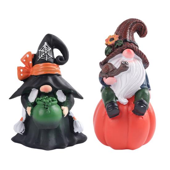 Halloween Gnome Decoration Pumpkin Couple Resin Figurine Fairy Tale Themed Gnome Sculpture Indoor Outdoor Table Desk Home Decor