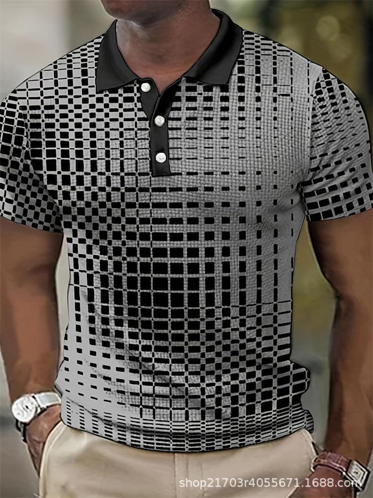 Casual Geometric Block Print Short Sleeve Zip Collar Polo Shirt for Men