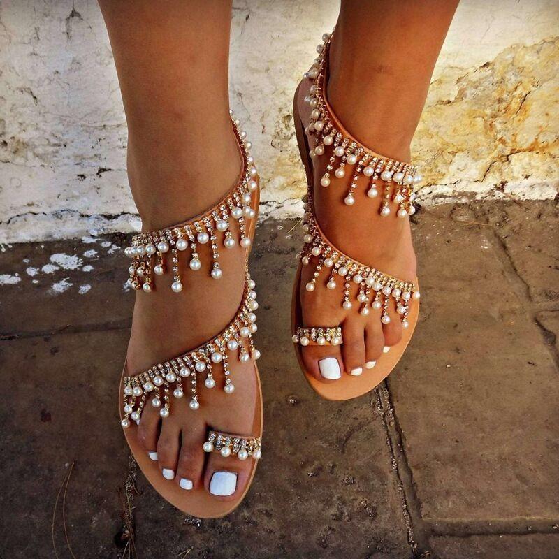 Sommer Neu Damen Große Größen Flache Strandsandalen Runde Zehenpartie Perlen Zehenschlaufe Mode Freizeit Schuhe