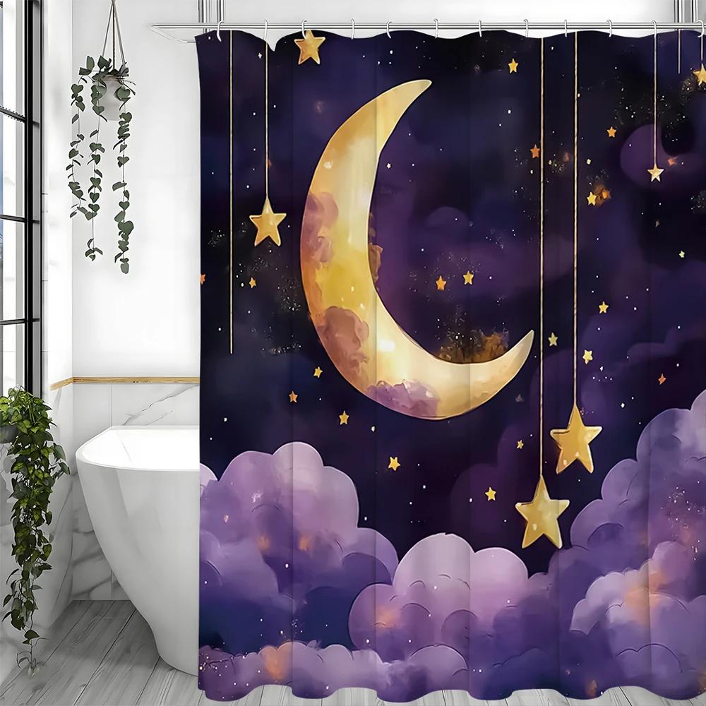 Moon Stars Clouds Purple Shower Curtain, Bathroom Decorative Shower Curtain, Waterproof Shower Curtain with Hooks