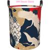 Gold Oriental Cherry Blossom and Crane Laundry Basket with Handle Waterproof Collapsible Cloth Hamper Round Storage Basket for B