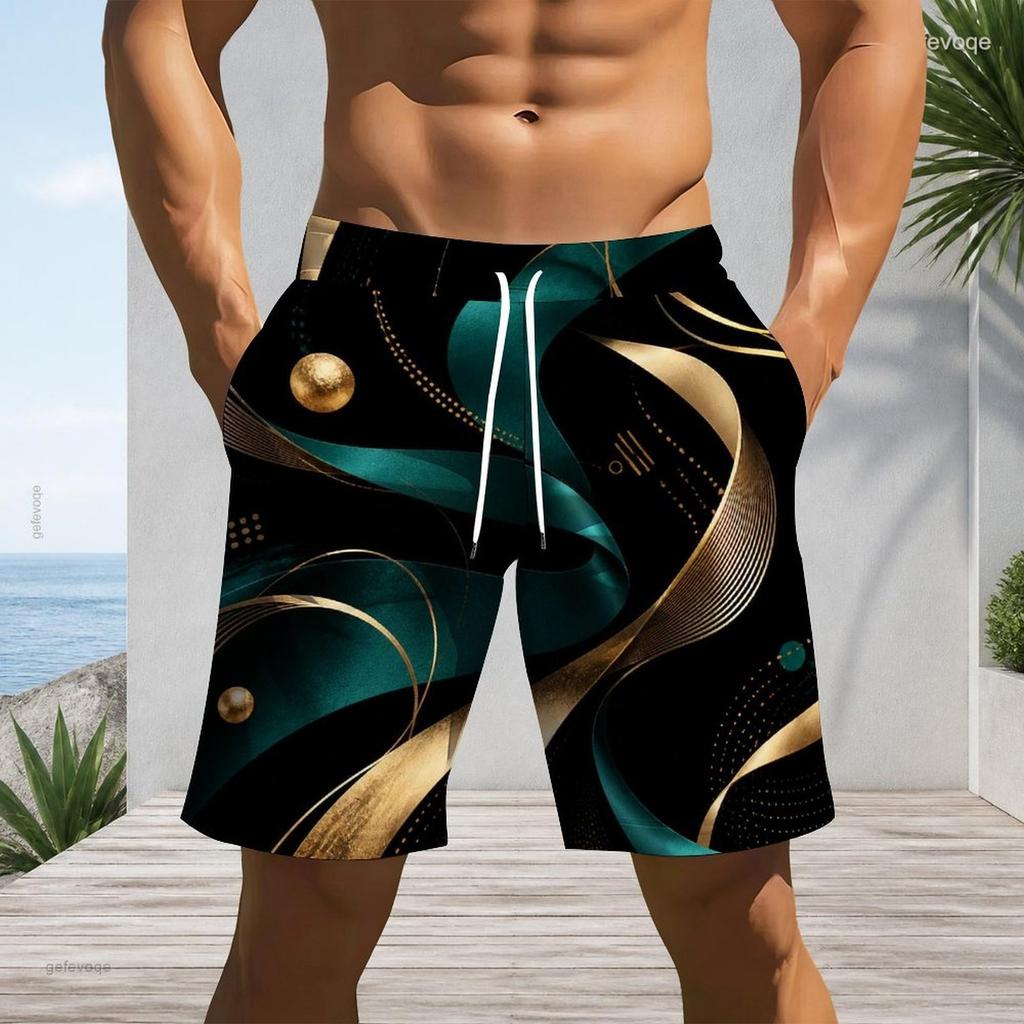 Men Plus Size Abstract Gradient Print Beach Shorts Elastic Waist Drawstring Loose Casual Shorts With Pockets For Swimming Surfing Summer Vacation