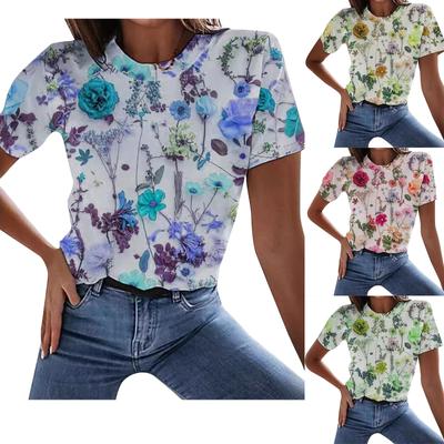 Haut T-shirt d'été à imprimé floral, col rond, manches courtes, pour femme