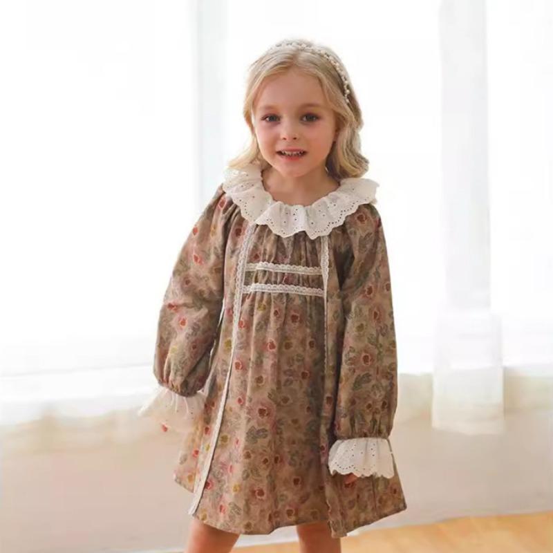 

Осеннее новое платье для девочек в стиле ретро с воротником-лотосом и цветочным принтом с длинными рукавами и кружевом 110cm коричневый