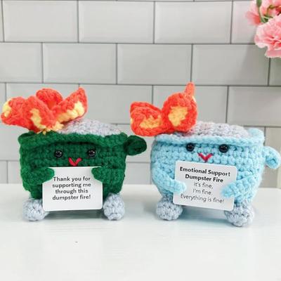 Crocheted Dumpster Plush Doll Emotional Support Gift Handmade Crochet Trash Can Flaming