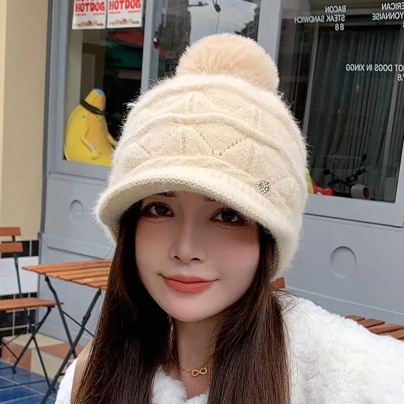 WTEMPO Rabbit Hair Blend Woolen Winter Hats Women All-match Hairball Peaked Caps Windproof Thickened Warm Plush Bomber Hats