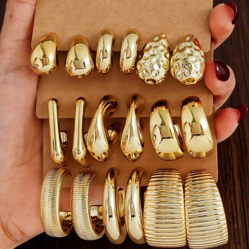 Gold Geometric Water Drop Earrings & C-Shaped Ear Cuffs Set