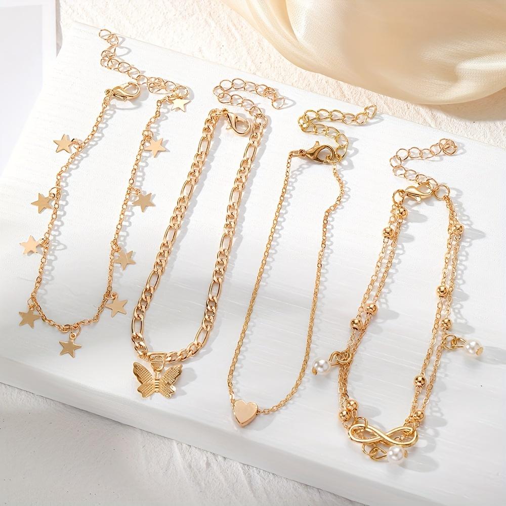 4pcs Multi-layer Butterfly  Anklet Fashion High-end Stackable Thin Chain Anklet Set