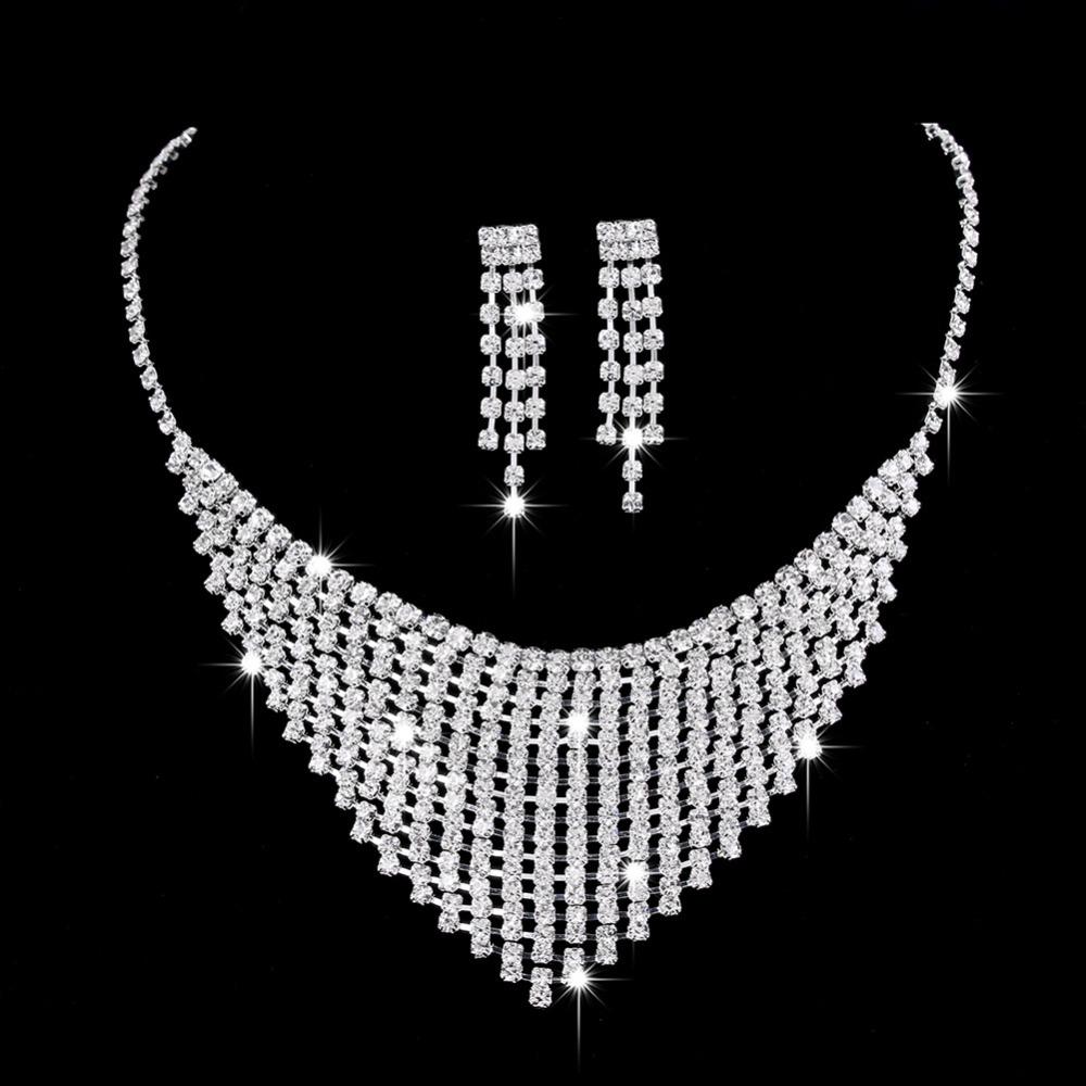 Bright Diamond Zircon Water Drop Necklace Earrings Wedding Jewelry, Shooting Jewelry Set