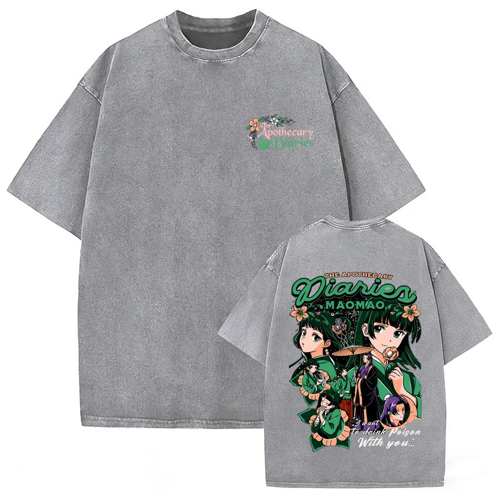 Camiseta Gráfica Lavada Vintage Anime The Apothecary Diaries Maomao para Hombre Mujer Casual Divertida Oversize Unisex Streetwear