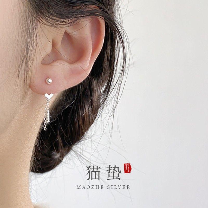

Maozhe S925 Loving Heart in Sterling Silver Dual-Wear Tassel Thread Ear Hook Elegant Delicate Earrings Fashion Sweet Beauty Ear Rings Heart two tassel threaded ear hook