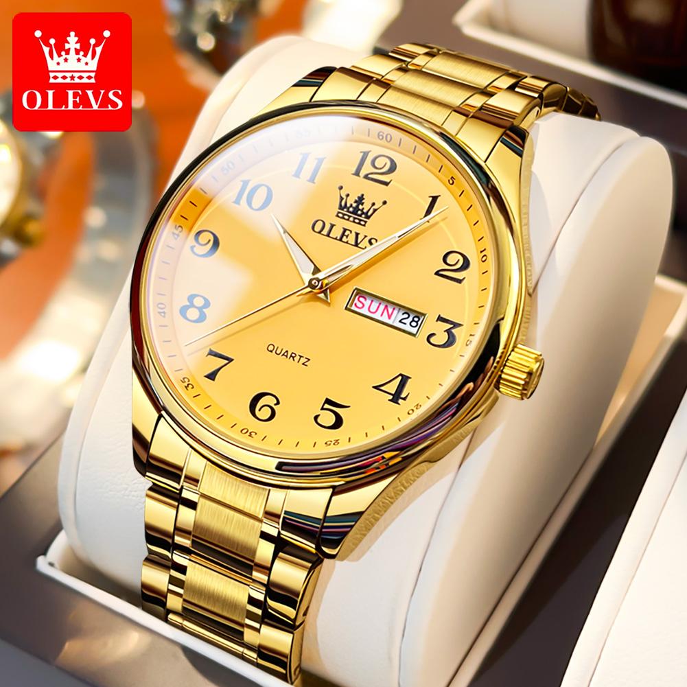 OLEVS Trendy popular mens watches Dual Calendar waterproof Arabic numeral scale luminous quartz wristwatch genuine watch for man
