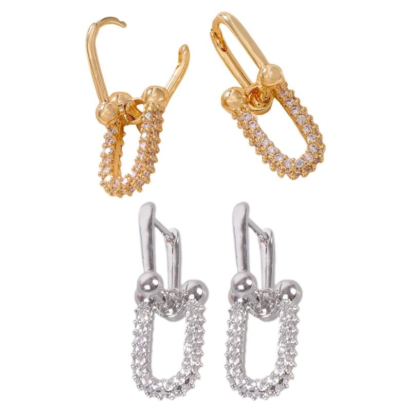 Unique Gold/Silver Plated Horseshoe Earrings U Shaped Convertible Link Huggie Zirconia Double Hoop Earrings for Women